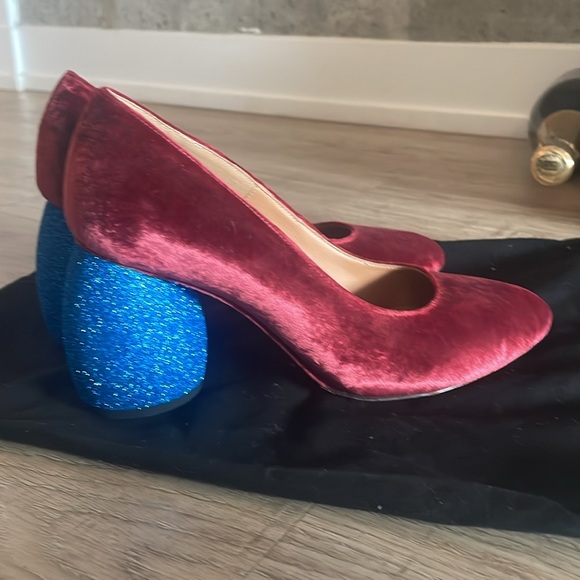 Dries Van Noten red velvet and blue glitter heels - Picture 2 of 4
